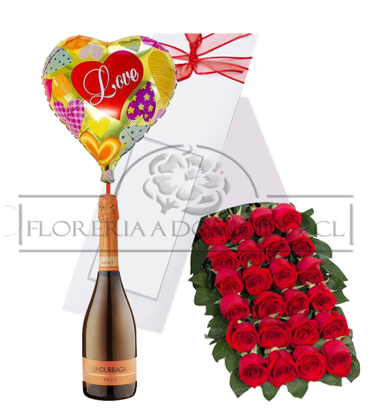 Caja 24 Rosas + Champagne 750cc+ Globito